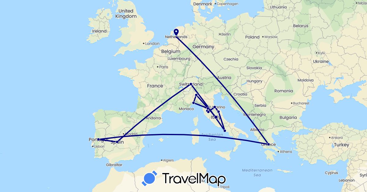 TravelMap itinerary: driving in Switzerland, Spain, Greece, Italy, Netherlands, Portugal, San Marino (Europe)